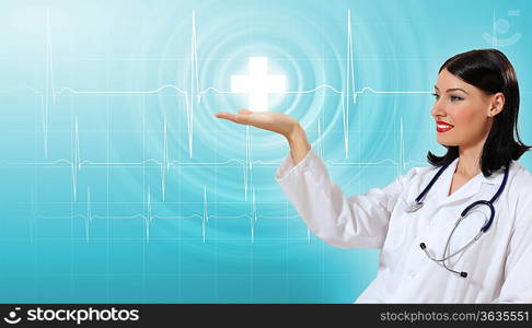 Illustration with medical background having heart beat, doctor and stethoscope