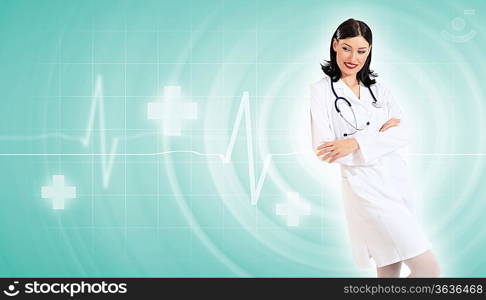 Illustration with medical background having heart beat, doctor and stethoscope