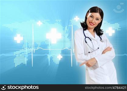 Illustration with medical background having heart beat, doctor and stethoscope