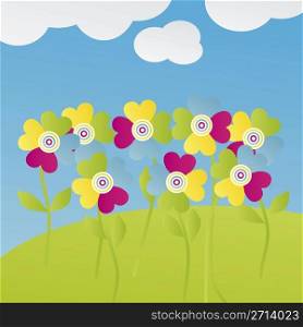 Illustration with multicolored flowers for postcard, greetings card or other things.