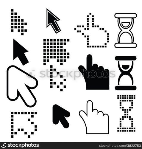 illustration with pixel cursors icons set on white background