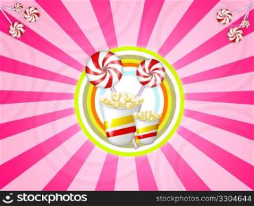 illustration with red striped candies and popcorns