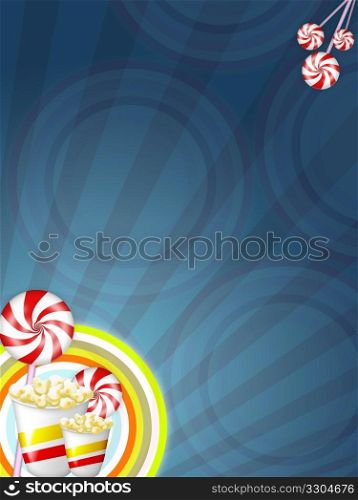 illustration with red striped candies and popcorns