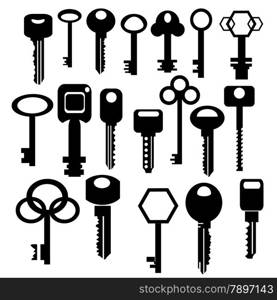 Illustration with silhouettes of keys isolated on white background. Graphic Design Useful For Your Design. Set of old and modern key icons.