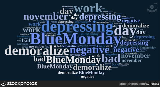 Illustration with word cloud on Blue Monday, the worst day of the year.3D rendering.