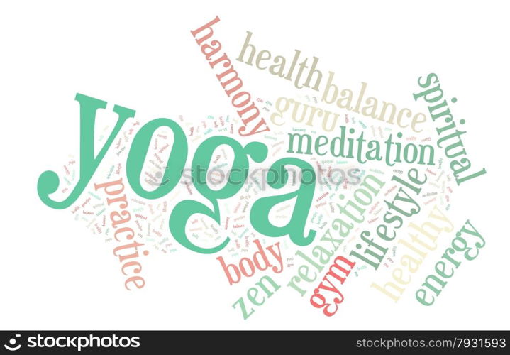 Illustration with word cloud on the benefits of Yoga.