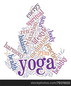 Illustration with word cloud on the benefits of Yoga.