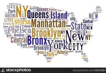 Illustration with word cloud over the city of New York
