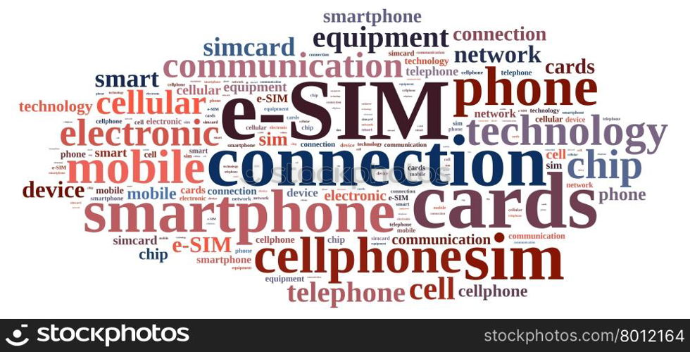 Illustration with word cloud related to e-SIM.