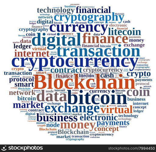 Illustration with word cloud with the word Blockchain.
