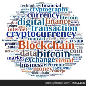 Illustration with word cloud with the word Blockchain.