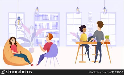 Illustration Working Environment in Company Office. Vector Image Workspace Group People Employee Company. Smiling Girl with Coffee Talks to Guy Sitting in Chair. Girl Working Laptop Consults with Man