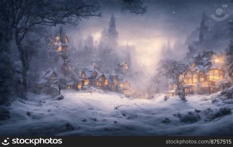 Ilustration of a village in winter with snow and ice, 4k, 16 9
