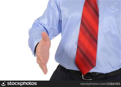 Image businessman pull his hand for a handshake. Isolated on white background