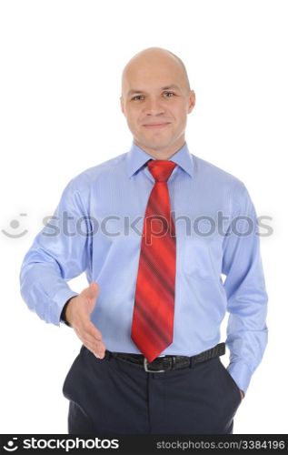 Image businessman pull his hand for a handshake. Isolated on white background