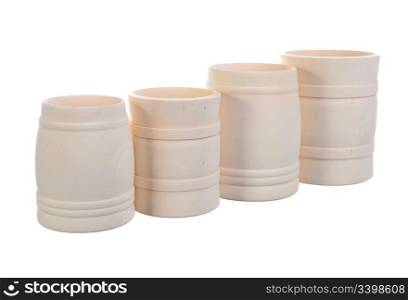 Image collection of wooden jars for the kitchen. Isolated on white background