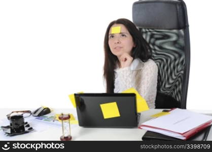 Image forgetful business woman with laptop in a bright office. Isolated on white background