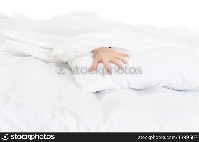 Image hand the boy lying in bed. Isolated on white background