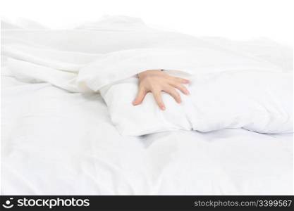 Image hand the boy lying in bed. Isolated on white background
