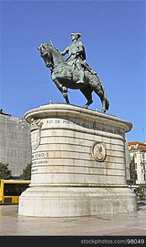 Image HDR of the equestrian statue of King Dom Joao I, located in Figueira Square in Lisbon, Portugal.