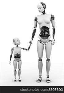 Image number two of robot woman holding hand with her robot child. White background.. Robot woman with her child nr 2.
