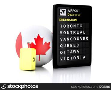 image of 3d illustration render. airport board, Canada departures information and travel suitcases on white background