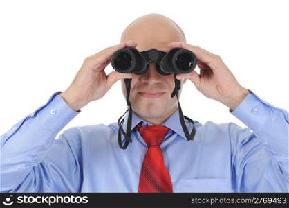 Image of a bald businessman looking through binoculars. Isolated on white background