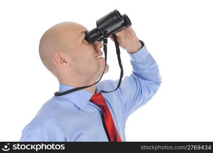 Image of a bald businessman looking up through binoculars. Isolated on white background