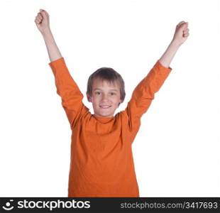 image of a boy with arms up on white background. winner boy
