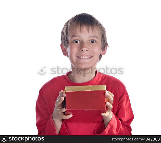 image of a boy with present on white. boy with present