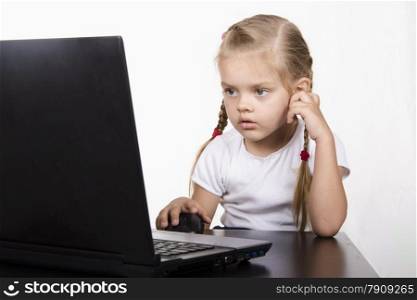 Image of a business girl. girl sitting at table. On table is a laptop, girl it works. girl quietly works.