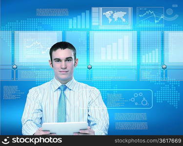 Image of a business person and technology related background