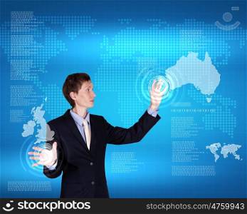 Image of a business person and technology related background