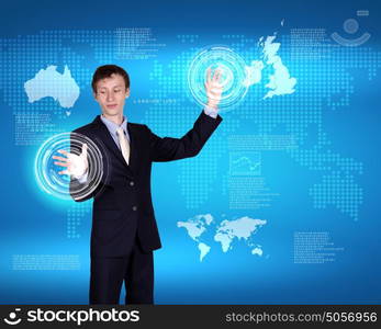 Image of a business person and technology related background