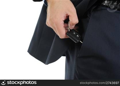 Image of a businessman gets the keys to the car out of pocket. Isolated on white