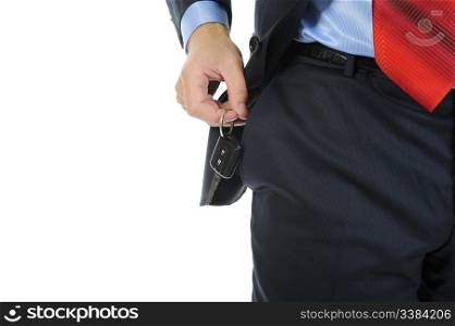 Image of a businessman gets the keys to the car out of pocket. Isolated on white