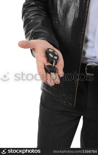 Image of a businessman gives the keys to the car. Isolated on white