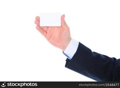 Image of a businessman holding a blank in the hand. Isolated on white background