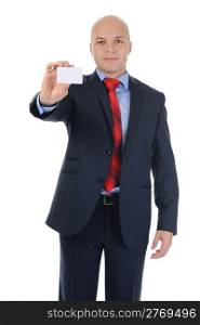 Image of a businessman holding a blank in the hand. Isolated on white background