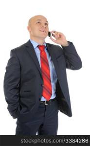 image of a businessman in a black suit with red tie, talking on the phone. Isolated on white background