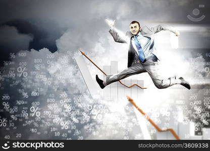 Image of a businessman jumping high against financial background