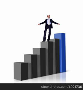 Image of a businessman standing on the top of financial charts