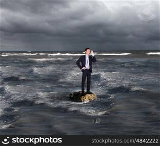 Image of a businessman surfing on the sea waves