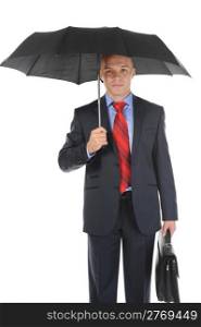 Image of a businessman with umbrella holding a briefcase. Isolated on white background