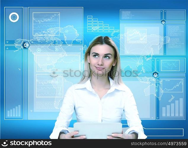 Image of a businesswoman and technology related background