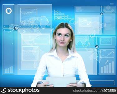 Image of a businesswoman and technology related background