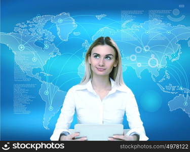 Image of a businesswoman and technology related background