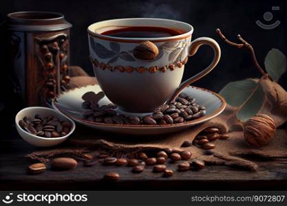 image of a cup of coffee with coffee beans and a jar of coffee inside on brown wood table