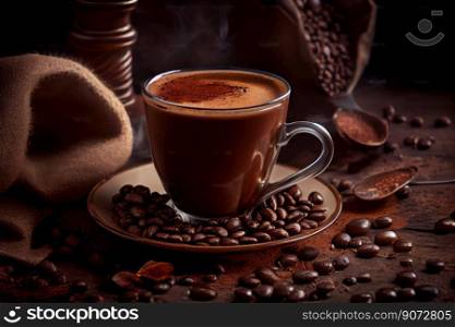 image of a cup of coffee with coffee beans on brown wood