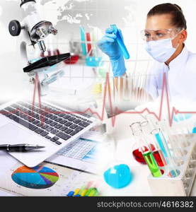 Image of a doctor working in labortory and different scientific equipment